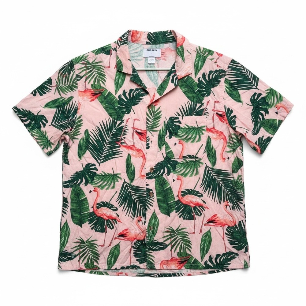 Pink Flamingo Palm Camp Shirt Tropical Rayon Resort Vacation Mens L